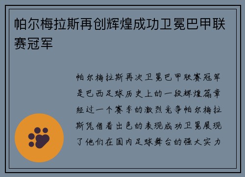 帕尔梅拉斯再创辉煌成功卫冕巴甲联赛冠军 帕尔梅拉斯再创辉煌成功卫冕巴甲联赛冠军